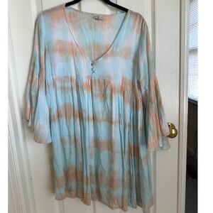 Lani Lau Cool Water Tie Dye Bell Sleeve Tunic‎ Dress Blue Orange Women S/M